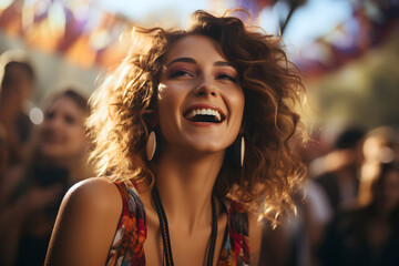 Fototapeta premium Portrait of a young woman having fun at a summer music festival concert