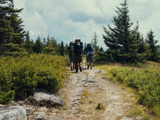 Group of hikers trekking through a rocky dirt path in Dolly Sods, West Virginia