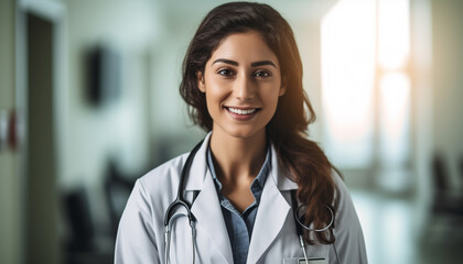 Fototapeta premium Portrait of female American doctor standing in hospital