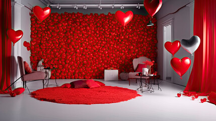 Photo studio decor valentine's day. Photo shoot valentine's day scenery. Interior decoration red hearts. Festive photo scene for lovers on February 14th. Wedding day. Generative ai. 