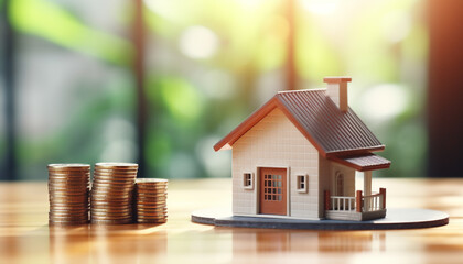 Change in real estate prices concept. House, stacks of coins, growing financial stock graph on the background