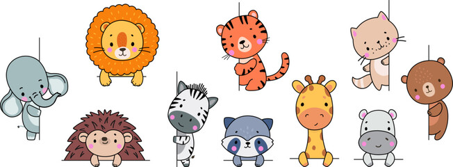 Animals looking out, funny animal peeking out window and wall. Cartoon lion, cat, hedgehog, adorable elephant and tiger, nowaday vector characters