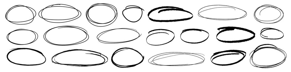 Handdrawn doodle grunge circle highlights. Charcoal pen round ovals. Marker scratch scribble inrounder. Round scrawl frames. Vector illustration of freehand painted circular note - 637111892