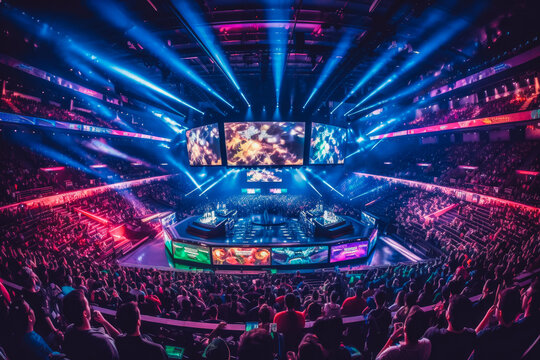 Inside of full E sport Arena, crowds of people sitting down and watching event.