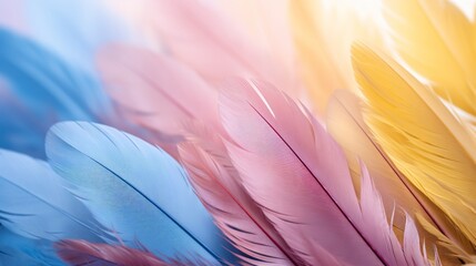 Background made of pastel blue, pink and yellow feather. Minimal modern concept