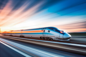 Shot of ultra fast modern train driving to his destination, fastest public transport. - obrazy, fototapety, plakaty