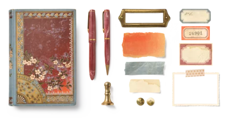  antique writing items, book cover, brass frame, paper scraps, labels and pins, isolated design elements for journals, scrapbooks or vintage scenes, transparent background, PNG © Anja Kaiser