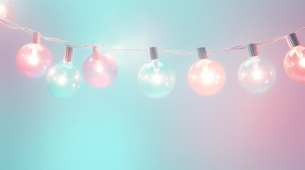 Minimal background made of pastel color christmas lights against aquamarine and pink background - obrazy, fototapety, plakaty