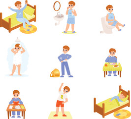 Fototapeta premium Boy daily activities, happy morning, breakfast and self hygiene. Little student day, life routine and discipline. Good habits snugly vector scenes