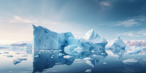 Glacier melting into the ocean. Climate change concept, global warming, rising sea levels. Massive icebergs, deep blue water, crisp cold air. Horizontal wallpaper
