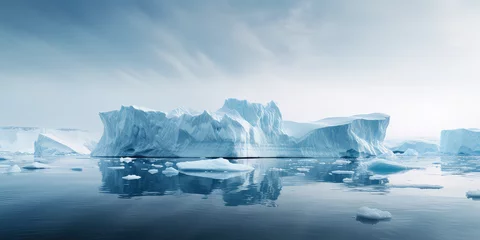 Fototapeten Glacier melting into the ocean. Climate change concept, global warming, rising sea levels. Massive icebergs, deep blue water, crisp cold air. Horizontal wallpaper © dinastya