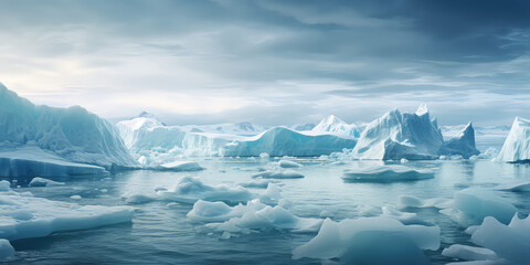 Fototapeta na wymiar Glacier melting into the ocean. Climate change concept, global warming, rising sea levels. Massive icebergs, deep blue water, crisp cold air. Horizontal wallpaper