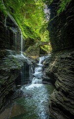 Waterfall cascading through the green forest in the middle of the deep Watkins Glen State Park gorge