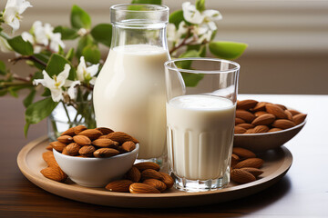 Natural white Almond milk in a glass and a bottle on a table. Many almonds nuts. 