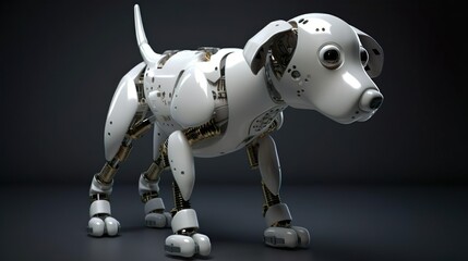Cute robotic metal white dog. Domestic pet animal. Artificial intelligence. Smart machine robot cyber puppy. Machine learning.