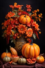 Set of autumn flowers in pumpkins wreath thanksgiving