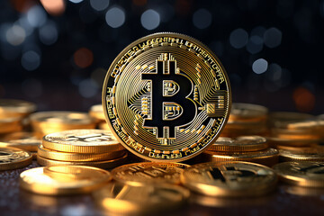Crypto currency Bitcoin (BTC): Bitcoin golden coins on a chart, Blockchain technology, bitcoin mining concept - 637113212