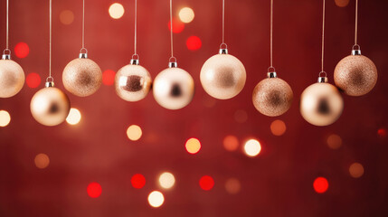 Christmas balls of gold color hang on a red background with