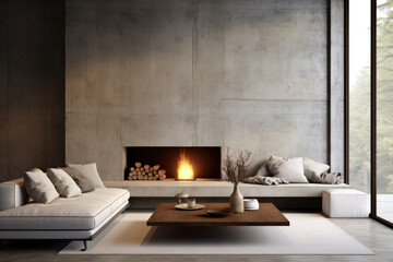Loft-style living room with fireplace and sofa