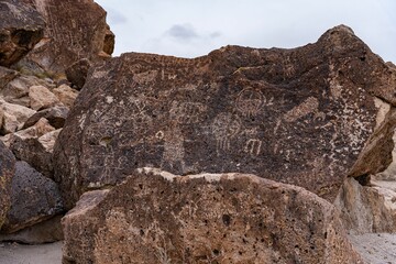 Scenic view of old Indian petroglyphs on a cloudy day