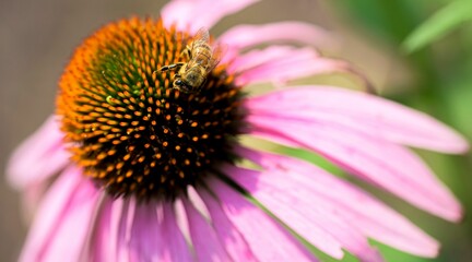 Closeup shot of a bright yellow bee resting atop a vibrant flower cone.