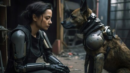 Beautiful female robot with her robotic metal sniffer dog at work. Artificial intelligence. Smart machine robot cyber pet friend. Machine learning.