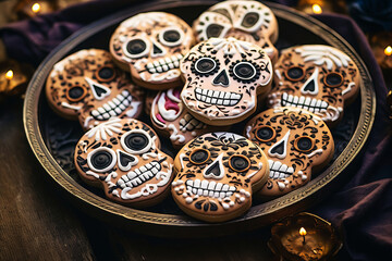 Homemade grotesque skull and skeleton sugar cookie during a Mexican folk celebration of the Day of the Dead.