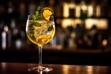 A Hugo Spritz cocktail in a glass garnished with a sprig of mint and lemon - obrazy, fototapety, plakaty
