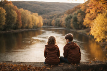 Sibling Togetherness: Little Brother and Sister Admiring the autumn views, lake and colorfull trees