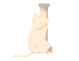 Cartoon white cat with a scratching post. Vector isolated pet.