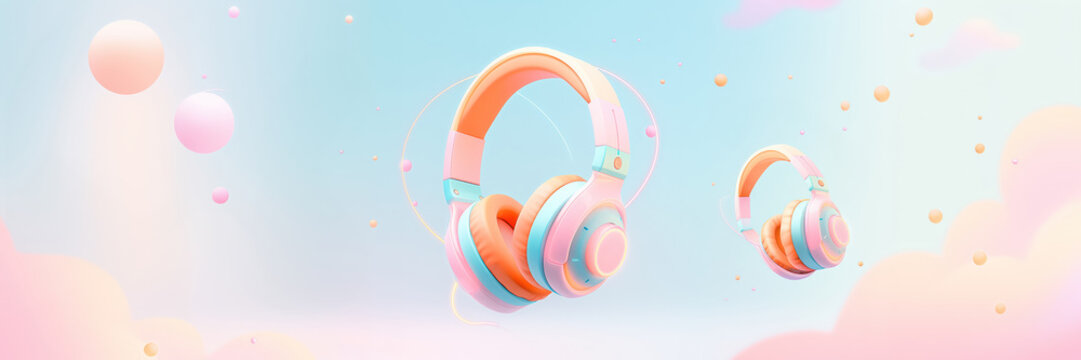 icons design of stylish cool pink and orange color pastel theme headphones flying in clouds for enjoying listening to music or podcast or streamers, wide banner design with empty copy space area