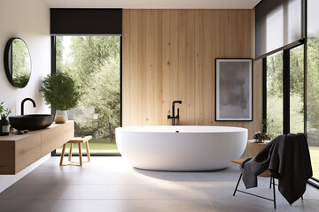 Bathroom. Scandinavian modern contemporary stylish Nordic bathroom interior design concept with free standing bathtub. Bathroom Image made with Generative AI Technology and perfected in Photoshop. - 637114828