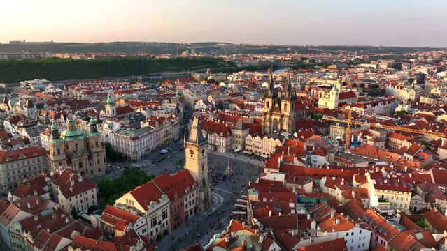 aerial view of the Prague Old Town architecture and old buildings over Vltava river in Prague, Czechia.