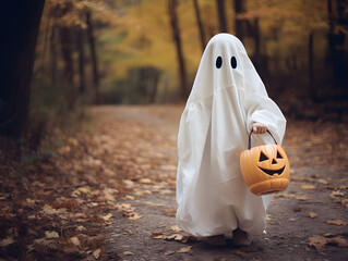 a young child dressed in a ghost costume holding a pumpkin jack-o-lanern basket on halloween, going trick-or-treating
