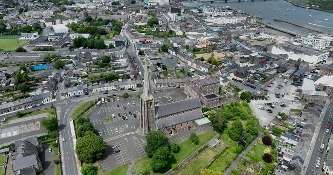 Panoramic bird's eye view of the Church of the Assumption. Wexford, Ireland 4k