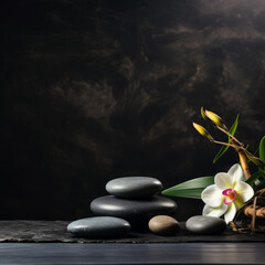 Spa background with spa accessories and zen stones on a dark background - obrazy, fototapety, plakaty