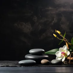 Deurstickers Spa background with spa accessories and zen stones on a dark background © Guido Amrein