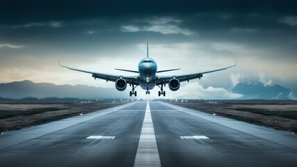 Fototapeta na wymiar Plane taking off on long horizontal runway created with Generative AI
