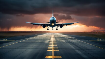 Plane taking off on long horizontal runway created with Generative AI - obrazy, fototapety, plakaty