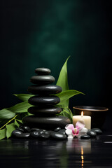 Spa background with spa accessories and zen stones on a dark background