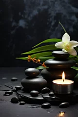Fotobehang Spa background with spa accessories and zen stones on a dark background © Guido Amrein