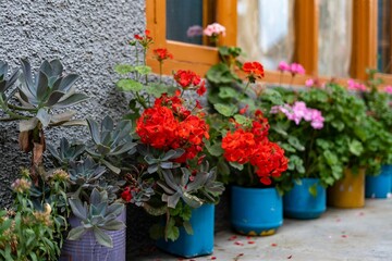 Fototapeta na wymiar Closeup of pots with colorful flowers in Himachal Pradesh, India