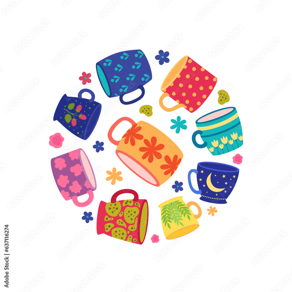 Poster cups in circle shape. round background with stylized colored decorated cups. vector template