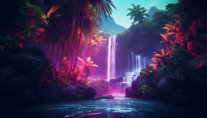 waterfall in tropical jungle glowing colorful neon made with Generative AI
