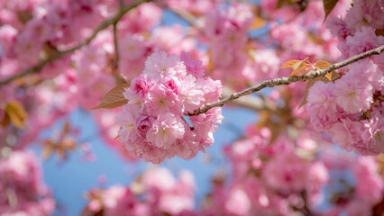 Vibrant pink flower blooming from a lush Cherry tree branch