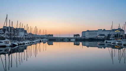 Fototapeta premium Fleet of vessels moored in a tranquil marina close to a stunning skyline of towering buildings