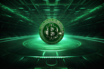 Crypto currency Bitcoin (BTC): Bitcoin golden coins on a chart, Blockchain technology, bitcoin mining concept, green matrix background