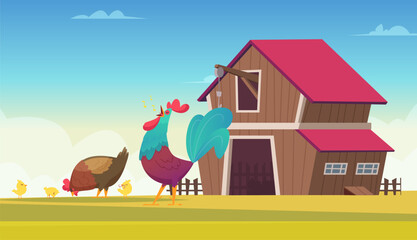Rooster on farm. chicken walking on farm. Vector horizontal rural landscape
