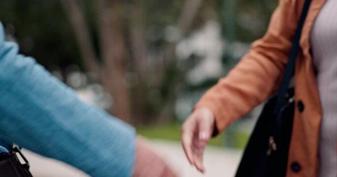 Handshake, welcome and greeting with people in the park for a friendly meeting outdoor during summer. Support, trust and thank you with friends shaking hands outside in a nature garden together