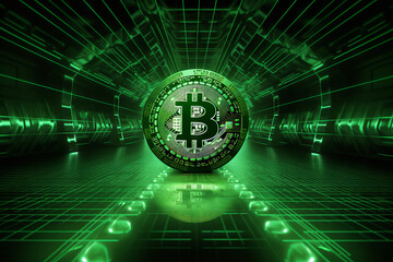 Crypto currency Bitcoin (BTC): Bitcoin golden coins on a chart, Blockchain technology, bitcoin mining concept, green matrix background